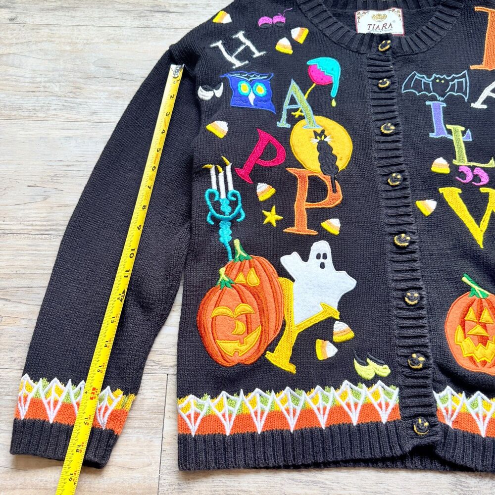 Vintage Halloween Sweater Cardigan Small 2001 Tiara International Ghost Pumpkin - Picture 7 of 13